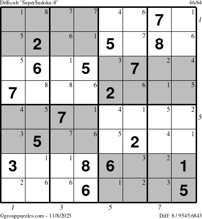 The grouppuzzles.com Difficult SuperSudoku-8 puzzle for Saturday November 8, 2025, suitable for printing, with all 8 steps marked