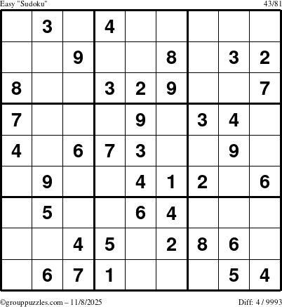 The grouppuzzles.com Easy Sudoku puzzle for Saturday November 8, 2025
