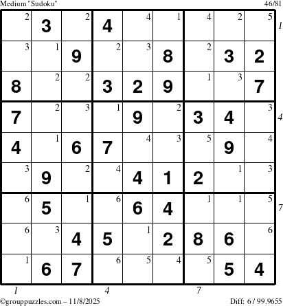 The grouppuzzles.com Medium Sudoku puzzle for Saturday November 8, 2025 with all 6 steps marked