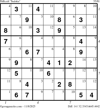 The grouppuzzles.com Difficult Sudoku puzzle for Saturday November 8, 2025 with all 14 steps marked