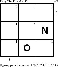 The grouppuzzles.com Easy TicTac-MNO puzzle for Saturday November 8, 2025 with all 2 steps marked
