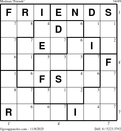 The grouppuzzles.com Medium Friends puzzle for Saturday November 8, 2025 with all 8 steps marked