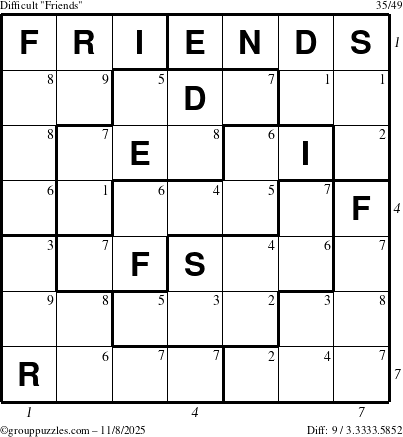 The grouppuzzles.com Difficult Friends puzzle for Saturday November 8, 2025, suitable for printing, with all 9 steps marked