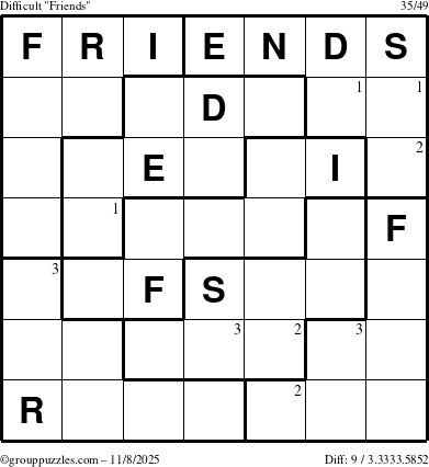 The grouppuzzles.com Difficult Friends puzzle for Saturday November 8, 2025 with the first 3 steps marked