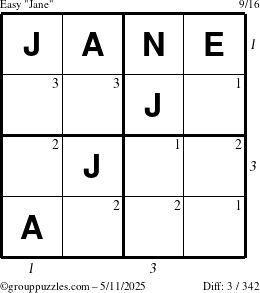 The grouppuzzles.com Easy Jane puzzle for Sunday May 11, 2025, suitable for printing, with all 3 steps marked