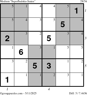 The grouppuzzles.com Medium SuperSudoku-Junior puzzle for Sunday May 11, 2025, suitable for printing, with all 5 steps marked