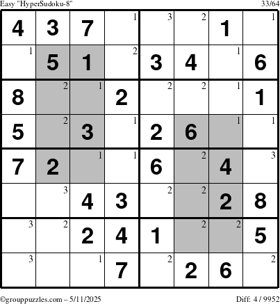 The grouppuzzles.com Easy HyperSudoku-8 puzzle for Sunday May 11, 2025 with the first 3 steps marked