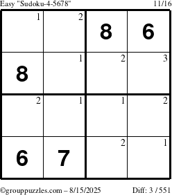 The grouppuzzles.com Easy Sudoku-4-5678 puzzle for Friday August 15, 2025 with the first 3 steps marked