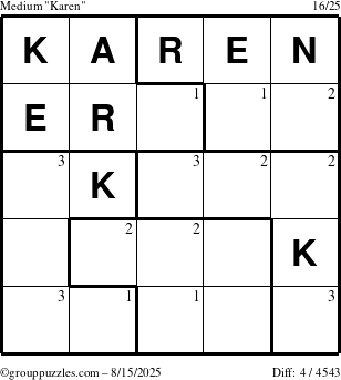 The grouppuzzles.com Medium Karen puzzle for Friday August 15, 2025 with the first 3 steps marked