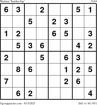 The grouppuzzles.com Medium Sudoku-8up puzzle for Friday August 15, 2025