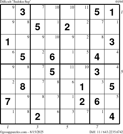 The grouppuzzles.com Difficult Sudoku-8up puzzle for Friday August 15, 2025 with all 11 steps marked