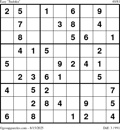 The grouppuzzles.com Easy Sudoku puzzle for Friday August 15, 2025
