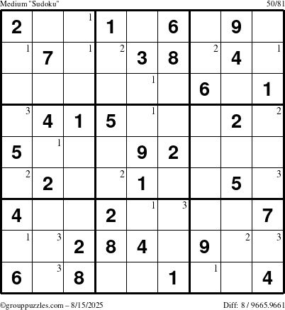 The grouppuzzles.com Medium Sudoku puzzle for Friday August 15, 2025 with the first 3 steps marked
