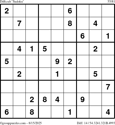 The grouppuzzles.com Difficult Sudoku puzzle for Friday August 15, 2025