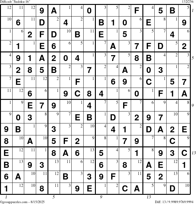 The grouppuzzles.com Difficult Sudoku-16 puzzle for Friday August 15, 2025, suitable for printing, with all 13 steps marked