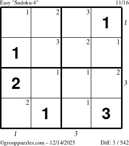 The grouppuzzles.com Easy Sudoku-4 puzzle for Sunday December 14, 2025, suitable for printing, with all 3 steps marked