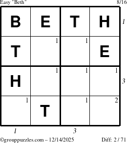 The grouppuzzles.com Easy Beth puzzle for Sunday December 14, 2025 with all 2 steps marked