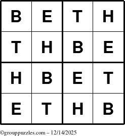 The grouppuzzles.com Answer grid for the Beth puzzle for Sunday December 14, 2025