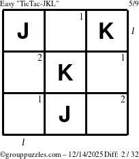 The grouppuzzles.com Easy TicTac-JKL puzzle for Sunday December 14, 2025, suitable for printing, with all 2 steps marked
