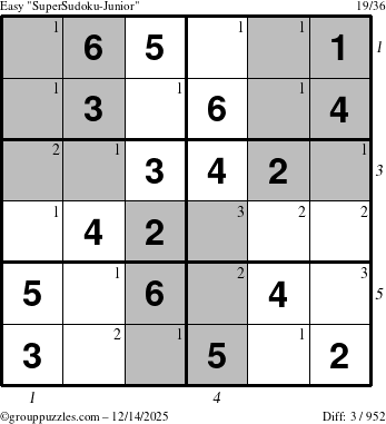 The grouppuzzles.com Easy SuperSudoku-Junior puzzle for Sunday December 14, 2025, suitable for printing, with all 3 steps marked