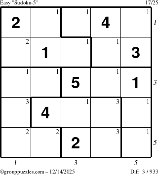 The grouppuzzles.com Easy Sudoku-5 puzzle for Sunday December 14, 2025 with all 3 steps marked