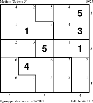 The grouppuzzles.com Medium Sudoku-5 puzzle for Sunday December 14, 2025, suitable for printing, with all 6 steps marked