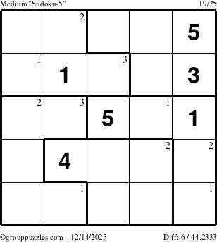 The grouppuzzles.com Medium Sudoku-5 puzzle for Sunday December 14, 2025 with the first 3 steps marked