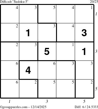 The grouppuzzles.com Difficult Sudoku-5 puzzle for Sunday December 14, 2025, suitable for printing, with all 6 steps marked
