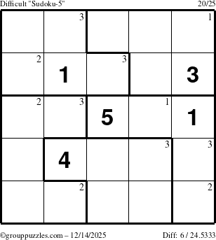 The grouppuzzles.com Difficult Sudoku-5 puzzle for Sunday December 14, 2025 with the first 3 steps marked