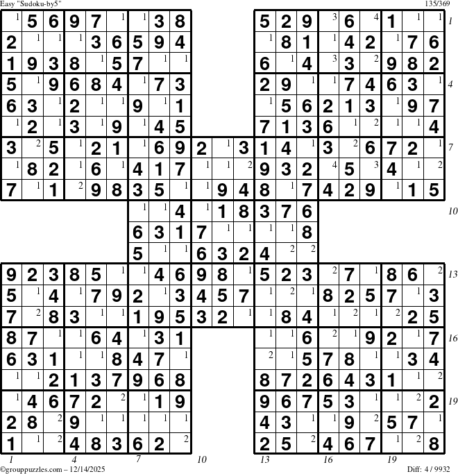 The grouppuzzles.com Easy Sudoku-by5 puzzle for Sunday December 14, 2025, suitable for printing, with all 4 steps marked