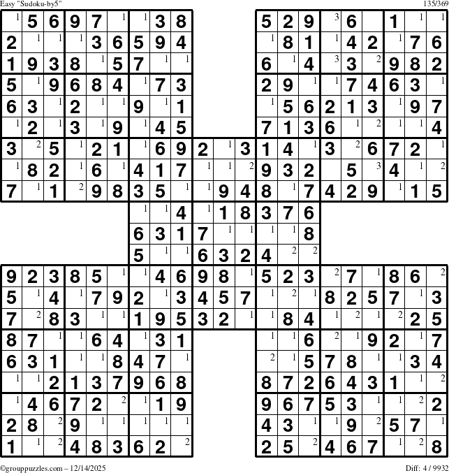 The grouppuzzles.com Easy Sudoku-by5 puzzle for Sunday December 14, 2025 with the first 3 steps marked