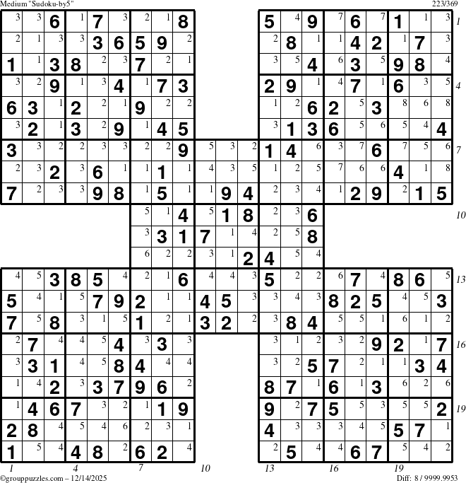 The grouppuzzles.com Medium Sudoku-by5 puzzle for Sunday December 14, 2025, suitable for printing, with all 8 steps marked