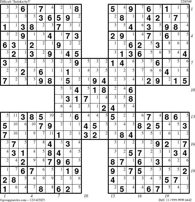 The grouppuzzles.com Difficult Sudoku-by5 puzzle for Sunday December 14, 2025, suitable for printing, with all 11 steps marked