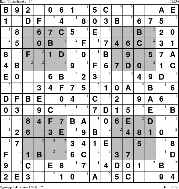 The grouppuzzles.com Easy HyperSudoku-16 puzzle for Sunday December 14, 2025 with the first 3 steps marked