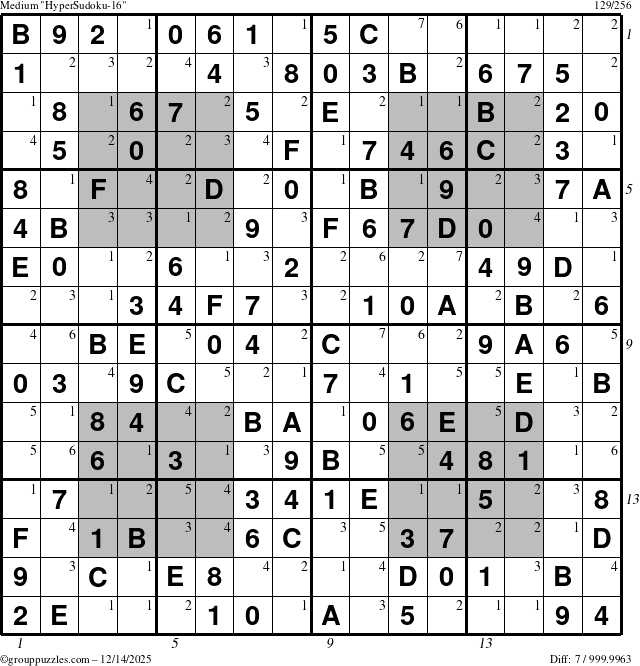The grouppuzzles.com Medium HyperSudoku-16 puzzle for Sunday December 14, 2025, suitable for printing, with all 7 steps marked
