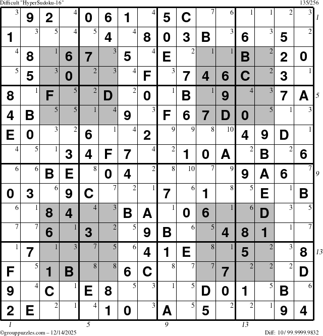 The grouppuzzles.com Difficult HyperSudoku-16 puzzle for Sunday December 14, 2025, suitable for printing, with all 10 steps marked