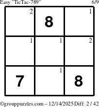 The grouppuzzles.com Easy TicTac-789 puzzle for Sunday December 14, 2025 with the first 2 steps marked