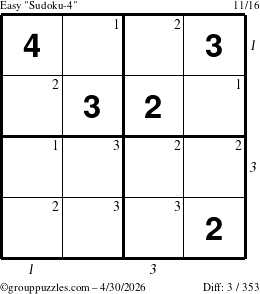 The grouppuzzles.com Easy Sudoku-4 puzzle for Thursday April 30, 2026 with all 3 steps marked