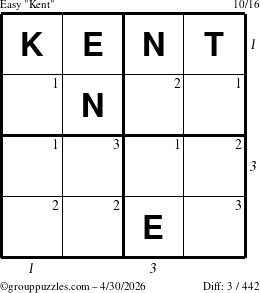 The grouppuzzles.com Easy Kent puzzle for Thursday April 30, 2026 with all 3 steps marked