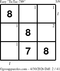 The grouppuzzles.com Easy TicTac-789 puzzle for Thursday April 30, 2026 with all 2 steps marked