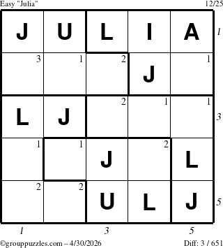 The grouppuzzles.com Easy Julia puzzle for Thursday April 30, 2026, suitable for printing, with all 3 steps marked