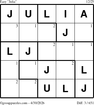 The grouppuzzles.com Easy Julia puzzle for Thursday April 30, 2026 with the first 3 steps marked