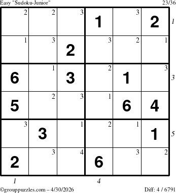 The grouppuzzles.com Easy Sudoku-Junior puzzle for Thursday April 30, 2026 with all 4 steps marked