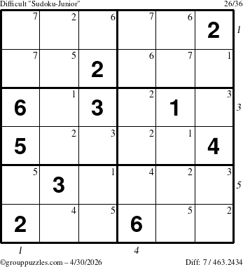 The grouppuzzles.com Difficult Sudoku-Junior puzzle for Thursday April 30, 2026, suitable for printing, with all 7 steps marked