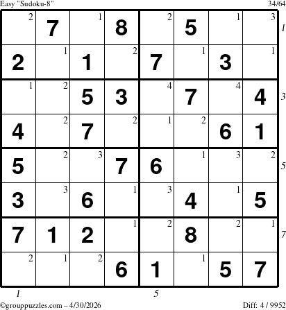 The grouppuzzles.com Easy Sudoku-8 puzzle for Thursday April 30, 2026 with all 4 steps marked