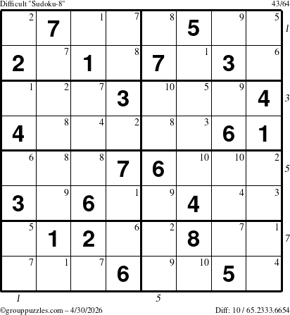 The grouppuzzles.com Difficult Sudoku-8 puzzle for Thursday April 30, 2026, suitable for printing, with all 10 steps marked