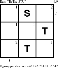 The grouppuzzles.com Easy TicTac-STU puzzle for Thursday April 30, 2026 with all 2 steps marked