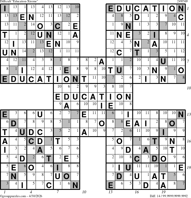 The grouppuzzles.com Difficult Education-Xtreme puzzle for Thursday April 30, 2026, suitable for printing, with all 14 steps marked