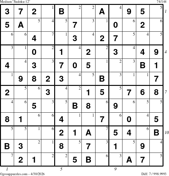 The grouppuzzles.com Medium Sudoku-12 puzzle for Thursday April 30, 2026, suitable for printing, with all 7 steps marked