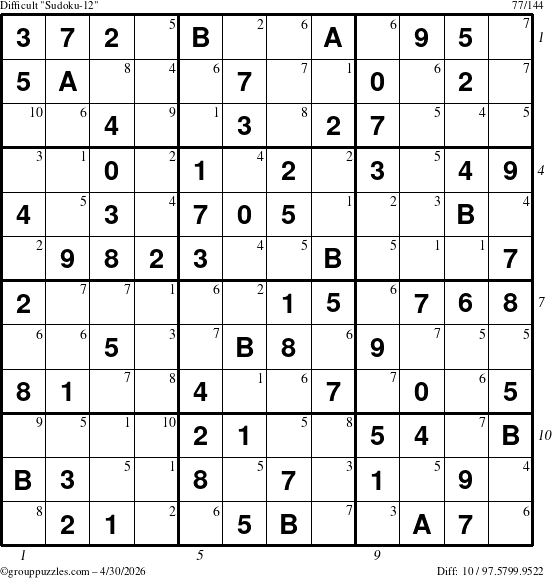 The grouppuzzles.com Difficult Sudoku-12 puzzle for Thursday April 30, 2026, suitable for printing, with all 10 steps marked